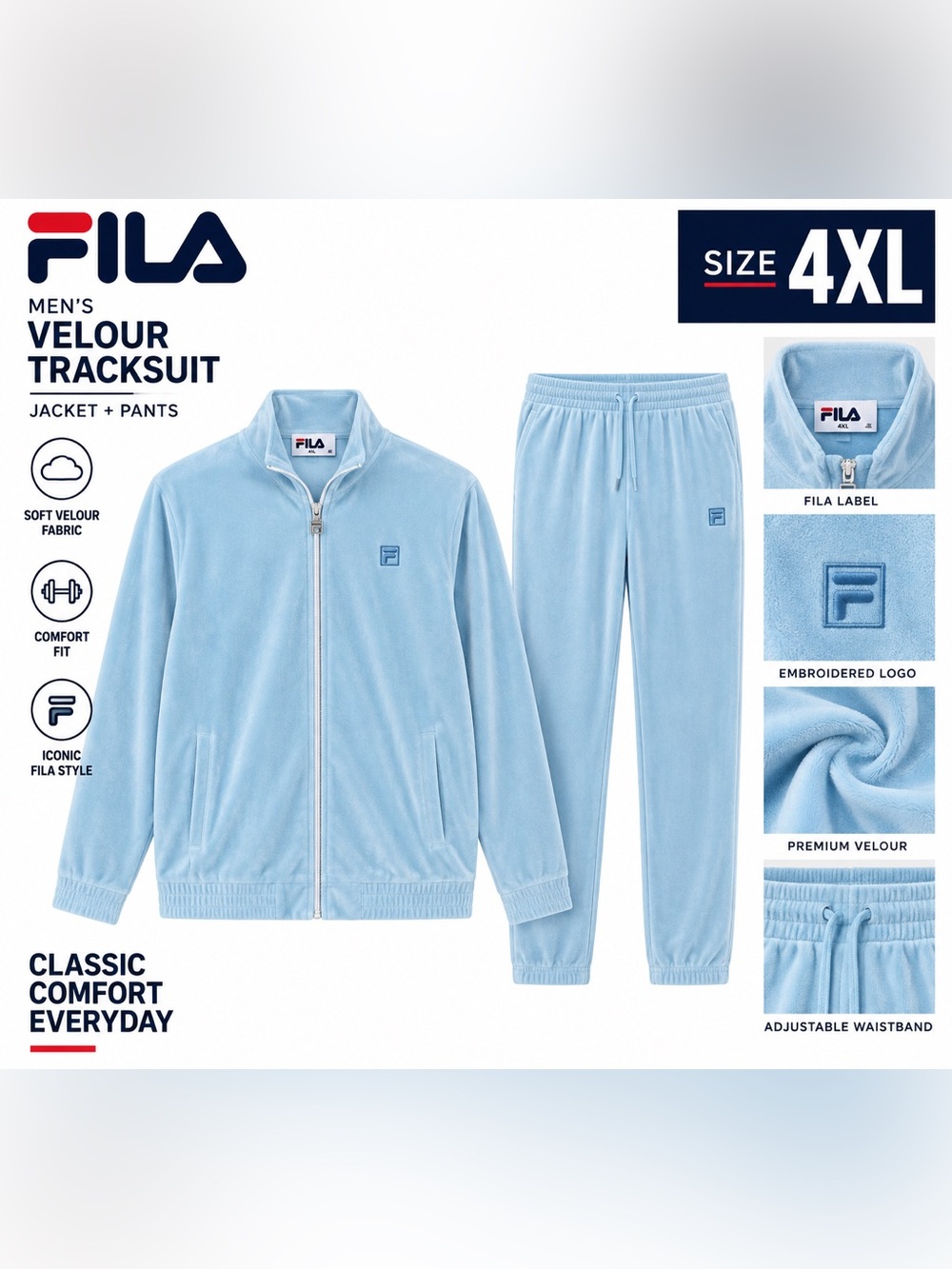 Fila Sky Blue Tracksuit velour with Logo 4XL